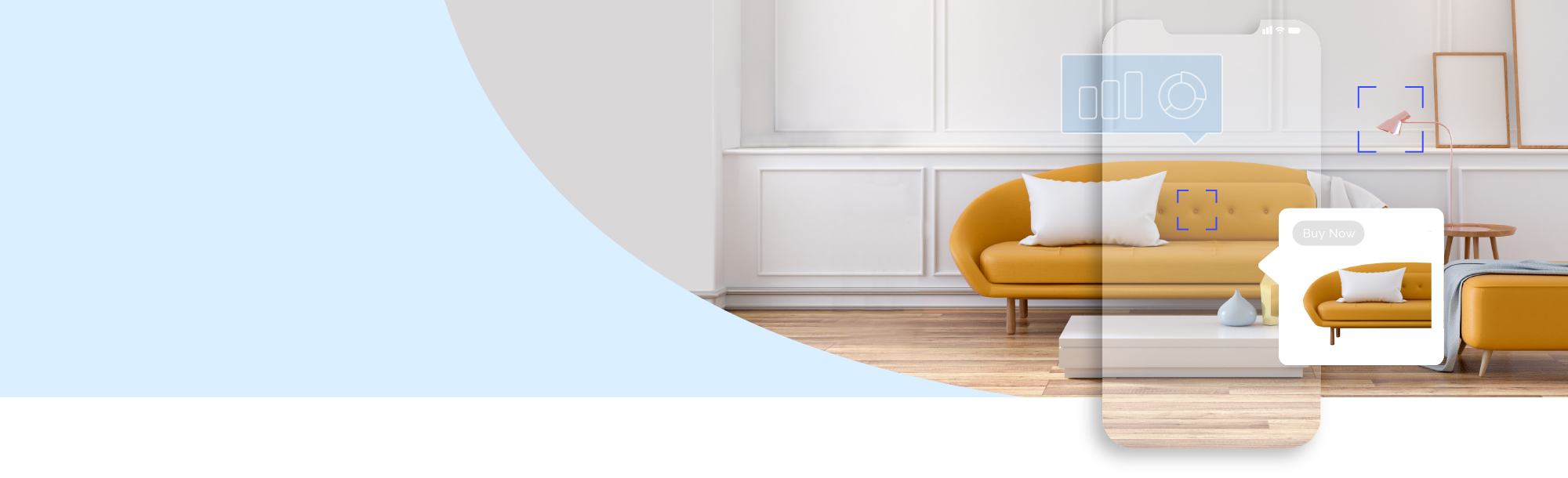 Header image of a fashionable living area with a modern orange sofa and an overlay in the shape of a mobile phone